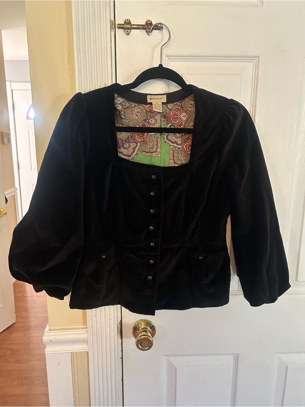 Anthropologie elevenses Velvet Black Button-Front Jacket with Puff Sleeves